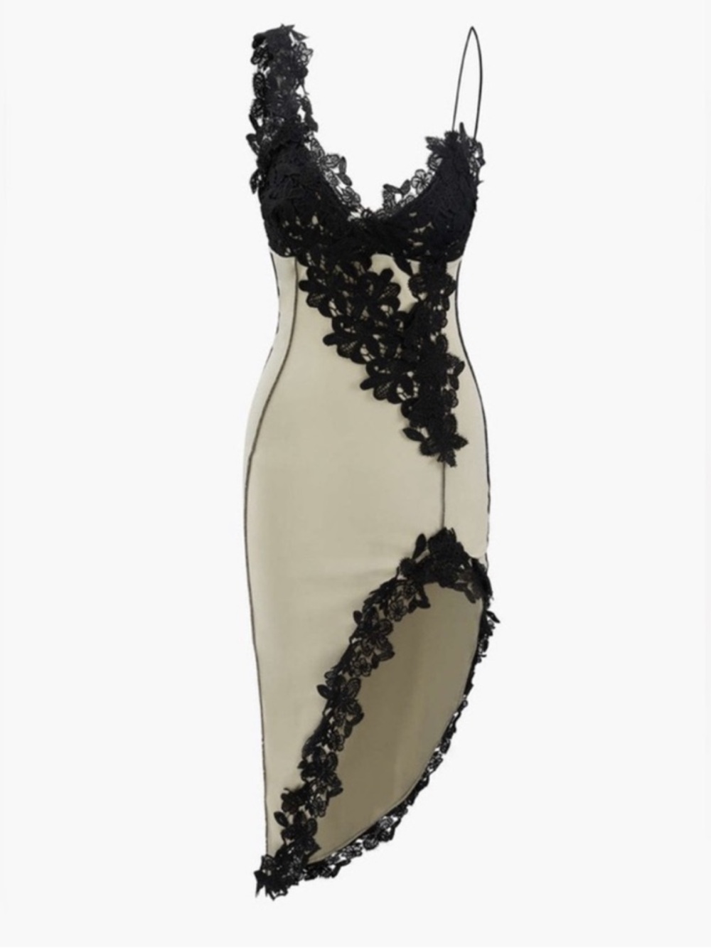 Asymmetrical Lace-Trim Slip Dress in Black and Cream - Picture 1 of 3